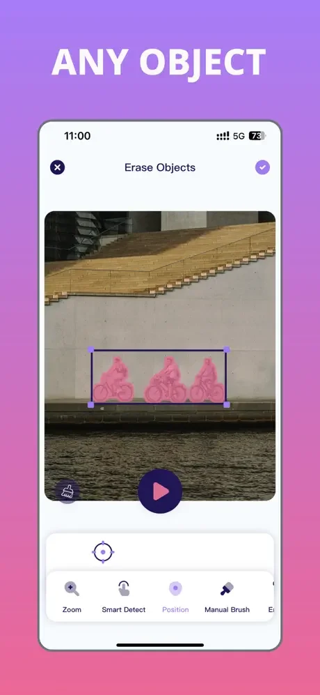 Remove Objects app erasing any object - blue selection box around decorative figures in canal scene ready to erase