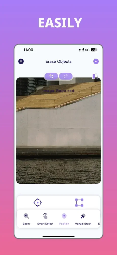 Photo eraser completing object removal with Image Repaired feedback, showing detection circles and undo-redo controls