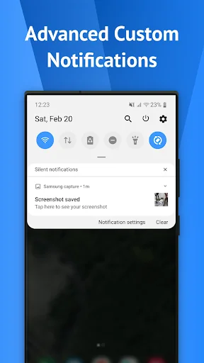 Advanced Custom Notifications panel with silent notification settings, screenshot saved alerts, and quick notification management options