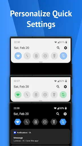 Personalize Quick Settings showing three stacked notification shade panels with customizable quick setting icons in different colors