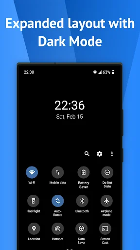 Expanded Dark Mode layout with grid of quick setting buttons including WiFi, mobile data, Bluetooth, airplane mode, and screen cast