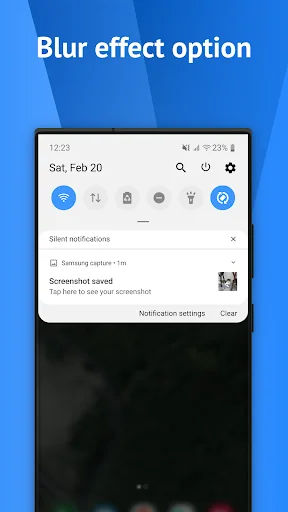 Blur Effect Option on notification shade with customizable notifications, screenshot saved alerts, and Samsung capture notifications