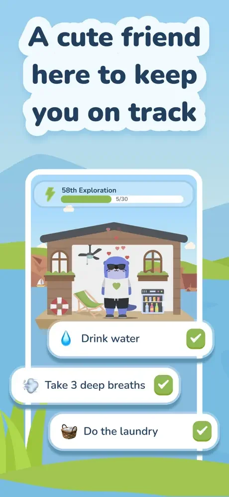 Task tracking screen with Otto in home setting showing daily habit checklist including drinking water, deep breaths, and laundry with completion checkmarks