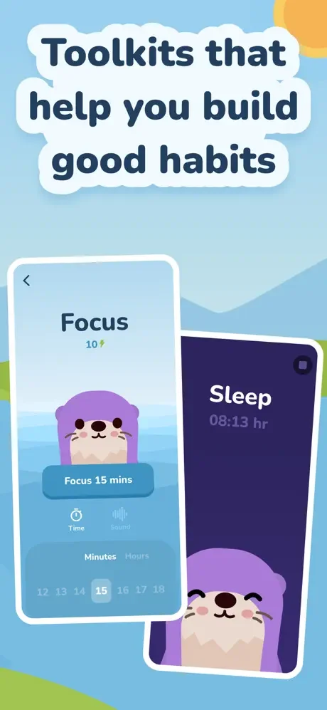 Habit-building toolkits feature including Focus 15-minute timer and Sleep 08:13 hour tracking tools for Otto wellness companion app