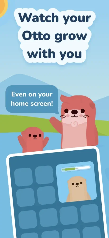 Home screen widget preview showing Otto virtual pet character growing and evolving as you complete daily tasks and healthy habits