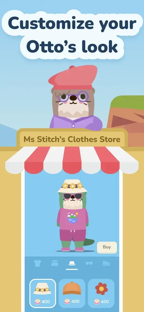 Customization shop interface Ms Stitch's Clothes Store allowing users to personalize Otto's appearance with clothing items and accessories