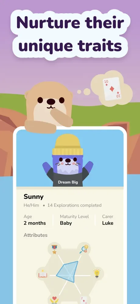 Pet profile screen for Otto character Sunny showing unique personality traits, age, maturity level, carer name, and attribute development indicators