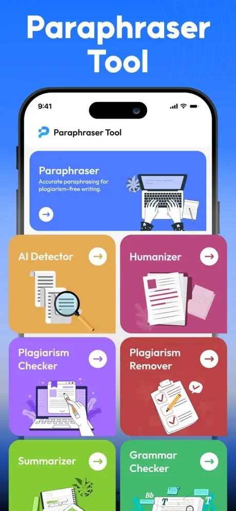 Paraphrase Tool home screen displaying feature tiles: Paraphraser, AI Detector, Humanizer, Plagiarism Checker, Plagiarism Remover, Summarizer, and Grammar Checker for writing assistance