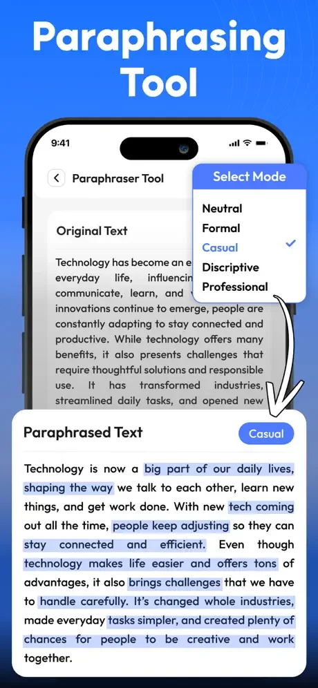 Paraphrasing Tool with Select Mode dropdown menu showing Neutral, Formal, Casual, Descriptive, and Professional paraphrasing options for text rewording