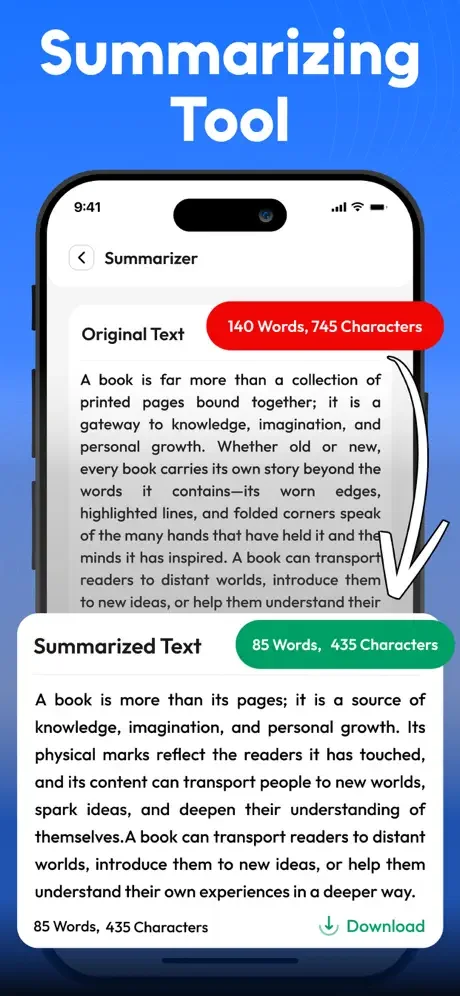 Summarizing Tool reducing original text from 140 words to 85 words with character count reduction and download functionality for condensed summaries