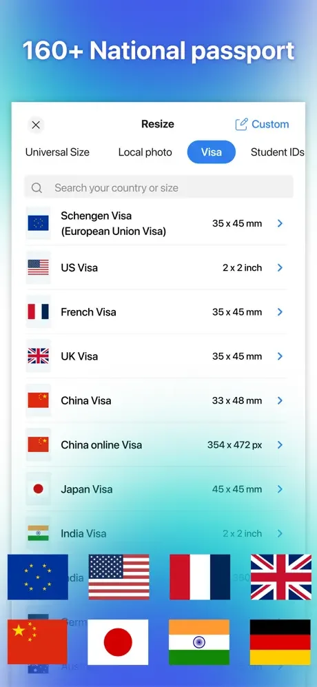 Visa selection interface showing 160+ national passport options with dimensions and country flags for ID photo customization