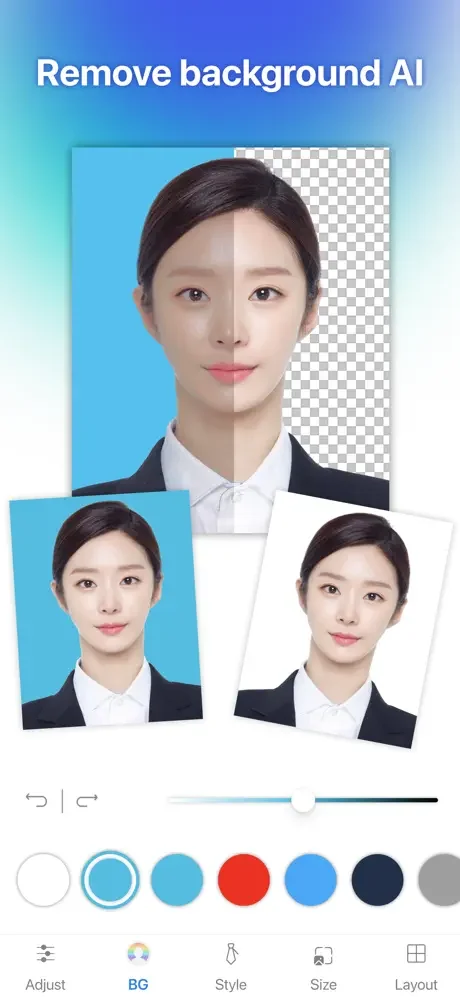AI-powered background removal tool with split preview showing blue background before and transparent background after with color palette