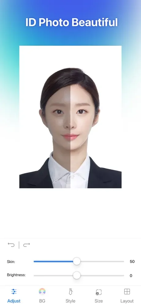 ID photo beautification controls featuring skin tone and brightness adjustment sliders for enhancing portrait photo quality