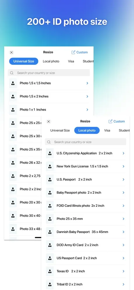 Extensive ID photo size selector showing 200+ dimension options for passports, citizenship applications, licenses, and ID cards