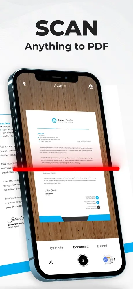 Document scanner auto-mode capturing letterhead with scan type options for QR codes, documents, and ID cards