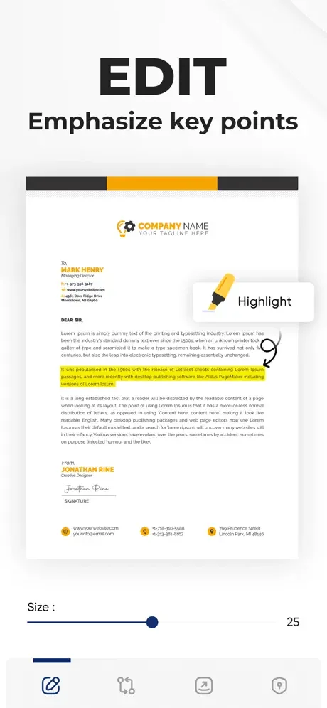 PDF editing interface with text highlight tool for emphasizing key points and important information in documents
