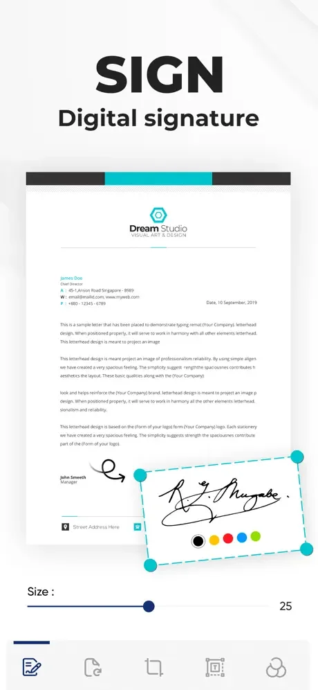 Digital signature feature allowing handwritten signatures with color palette and adjustable size for PDF signing