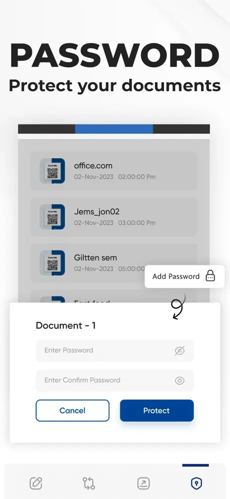 Password protection settings displaying document list with encryption options to secure PDF files with passwords