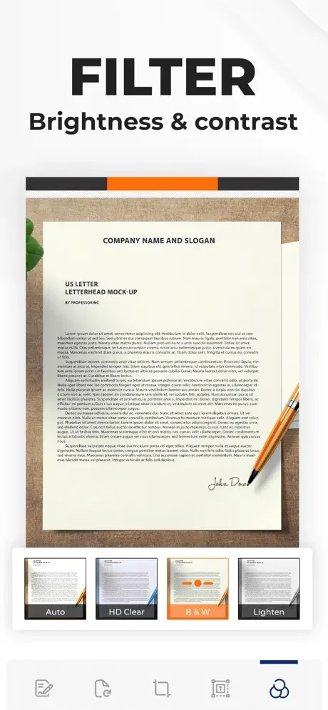 Document filter panel with brightness and contrast adjustments including Auto, HD Clear, B&W, and Lighten presets