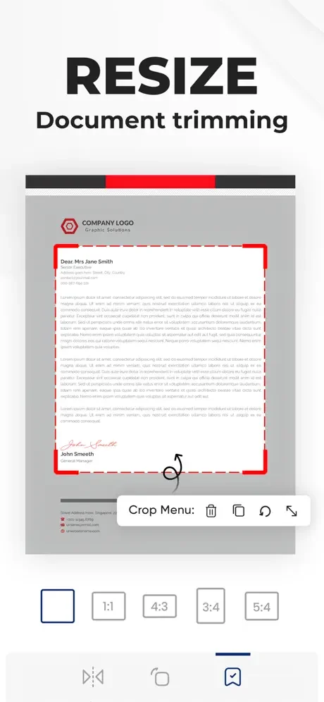 Document crop tool with red dashed trimming guides and aspect ratio selection for resizing and document formatting