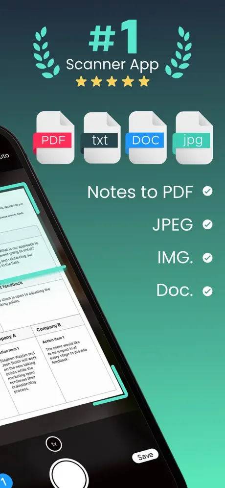 PDF Scanner app displaying #1 app status with file format conversion icons for PDF, TXT, DOC, JPEG, IMG file types
