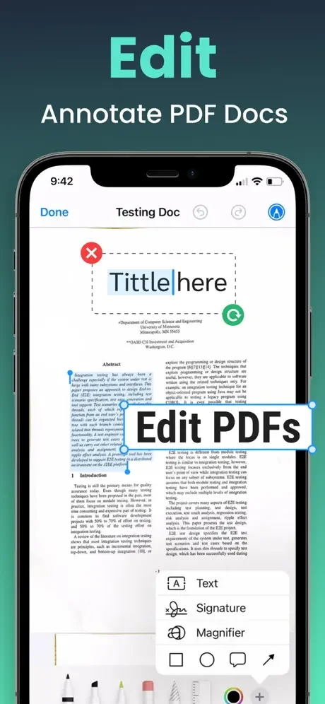 PDF editor showing annotation tools including text, signature, magnifier, and shape drawing for marking documents