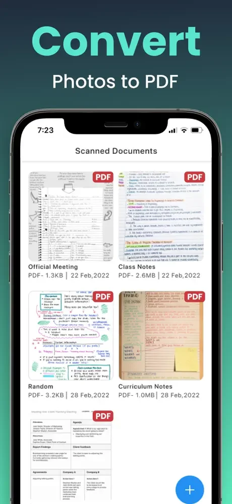 Scanned documents gallery displaying converted PDF files with sizes, dates, and multiple document previews