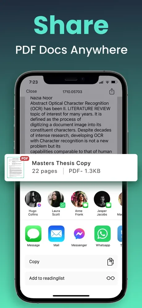PDF sharing interface showing options to share document via Message, Mail, Messenger, WhatsApp and copy text