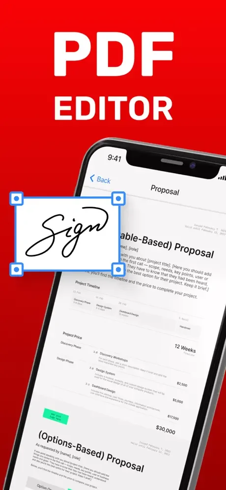 PDF editing screen with signature customization showing proposal document and selection handles for editing