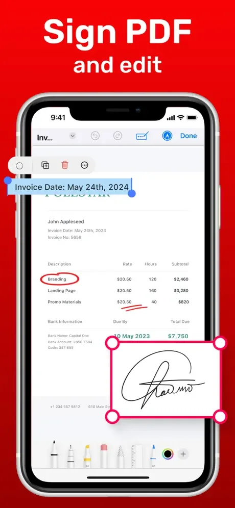 PDF signing and editing interface displaying invoice with highlighted date field and signature editing tools