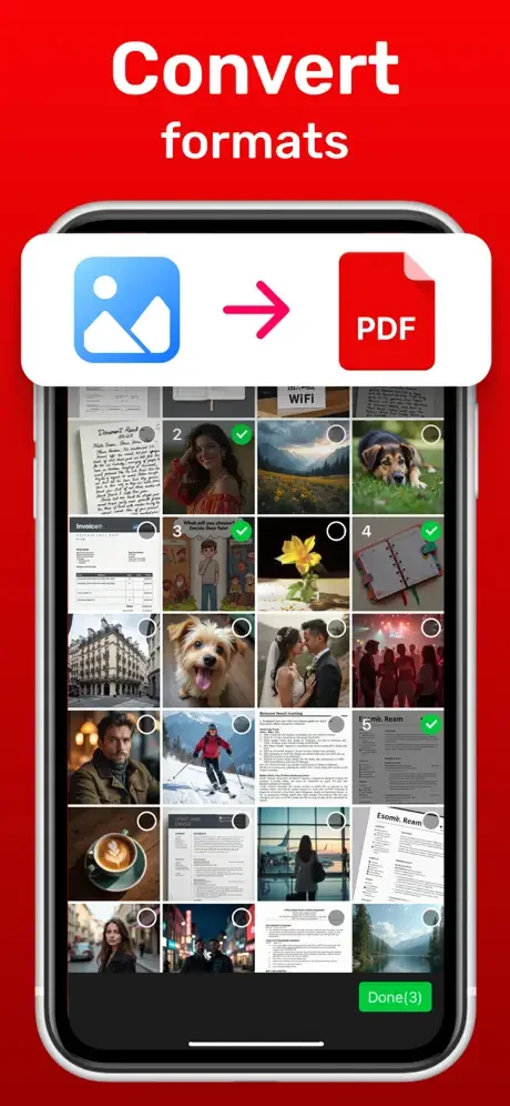 Image to PDF converter screen showing batch conversion with photo and document thumbnail selection interface