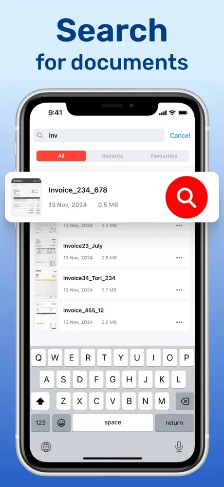 PDF document search interface displaying invoice search results and file management with keyboard input