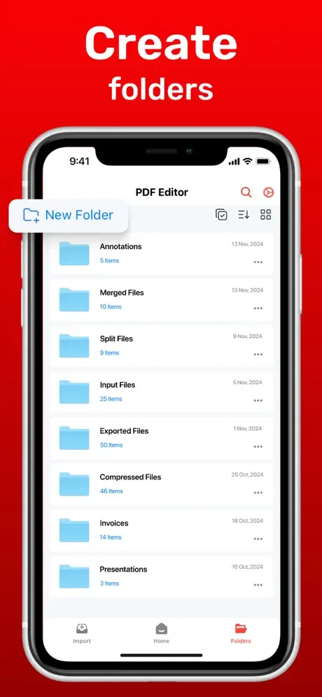 PDF file organization screen with folder creation feature and categorized document folders for management