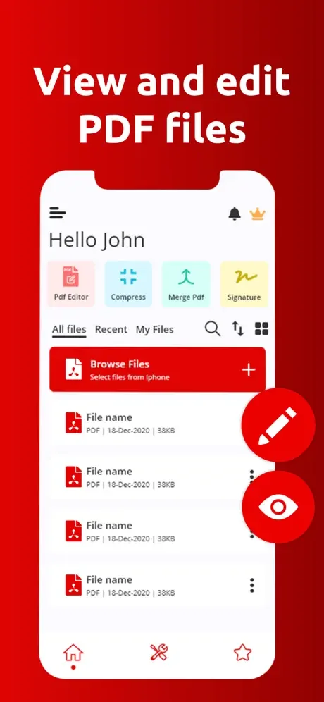 PDF Reader file manager interface with quick access to PDF editor, compress, merge PDF, and signature tools for document management
