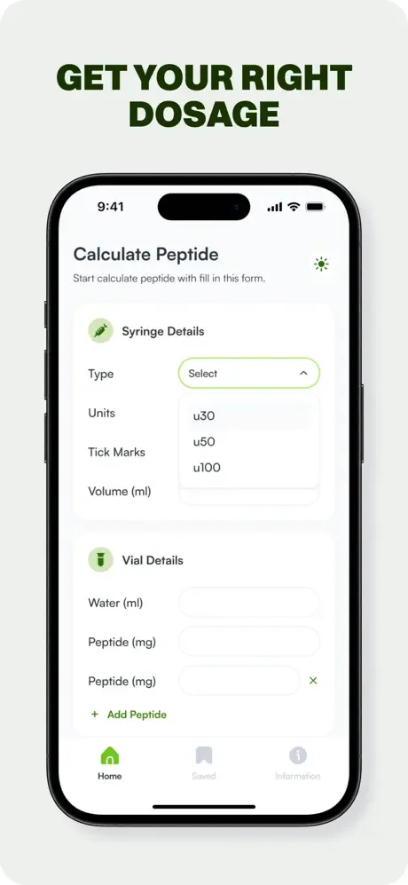 Peptide Calculator peptide dosage form: Input syringe type, units, tick marks, volume, water, and peptide mg for precise dosage calculations