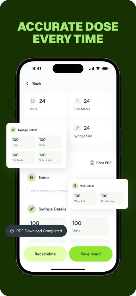 Peptide Calculator results screen: Displays calculated dosage with syringe details, save result button, recalculate option, and PDF download functionality
