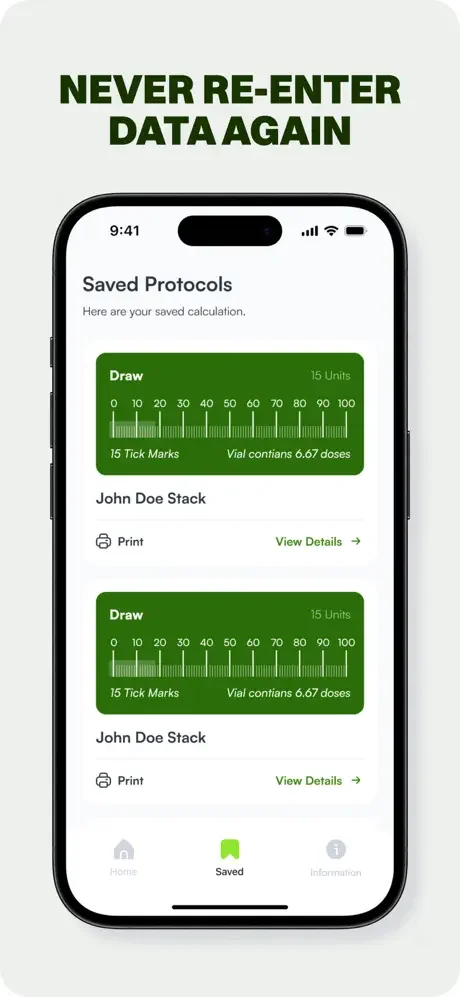 Peptide Calculator saved protocols: View stored peptide calculations with visual syringe scales, John Doe Stack samples, and print or view details options