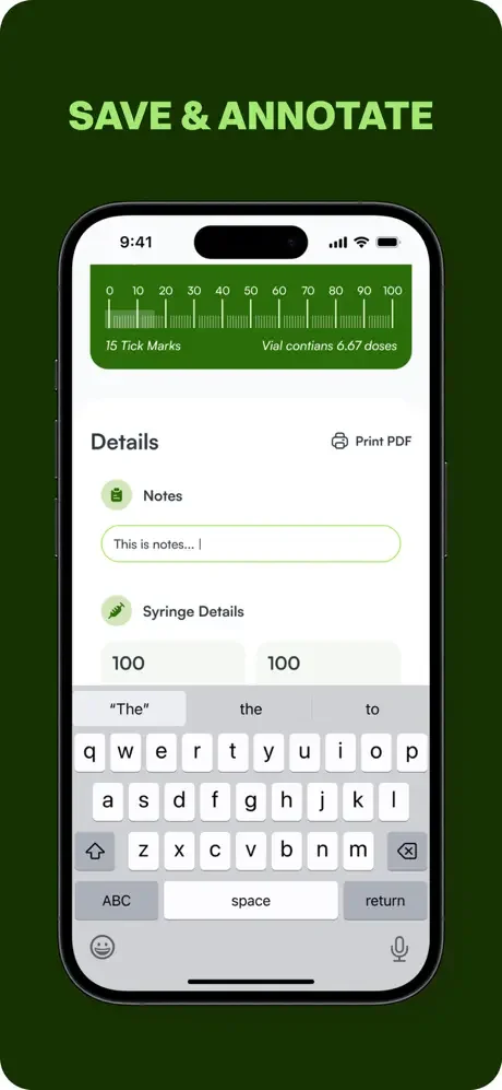 Peptide Calculator annotation interface: Add custom notes to saved protocols with on-screen keyboard, displaying syringe tick marks and dosage details