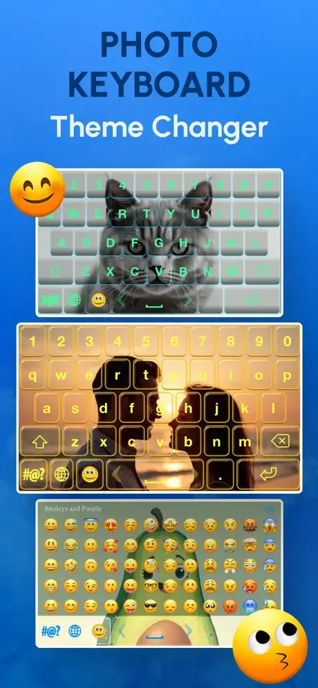 Photo Keyboard Theme Changer app displaying customizable keyboard themes with photo, emoji, and decorative designs