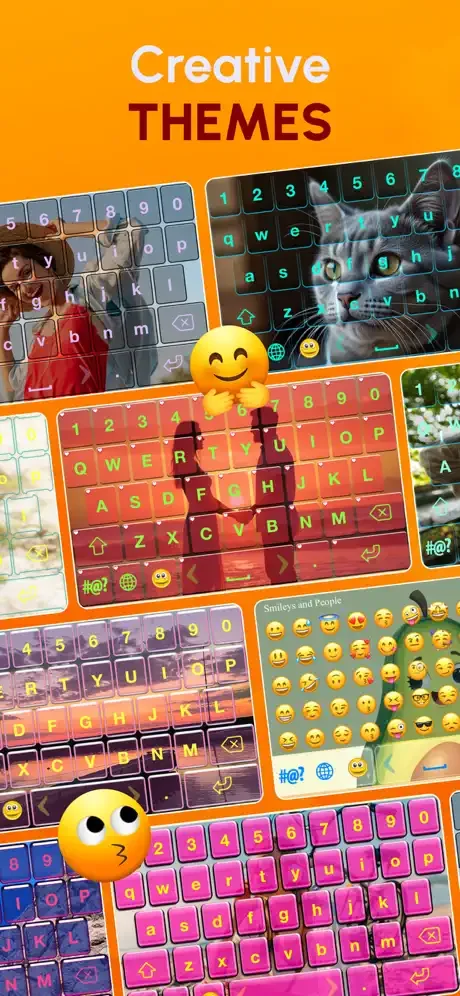 Creative themes gallery showcasing diverse keyboard design options with photos, colors, and styles for personalization