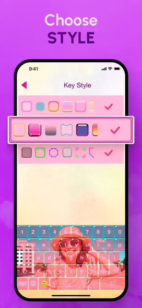 Choose key style screen with various keyboard key shape options for customizing keyboard appearance and design