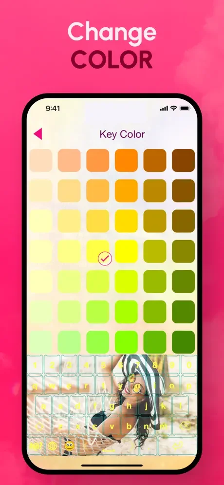 Change color palette interface displaying multiple color options for personalizing keyboard key colors and tone