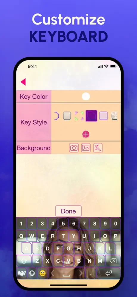 Customize keyboard settings panel with Key Color, Key Style, and Background options for complete keyboard personalization