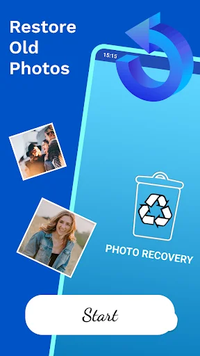 Deleted photo recovery app welcome screen with Restore Old Photos title, sample photos, trash recycle icon, Start button