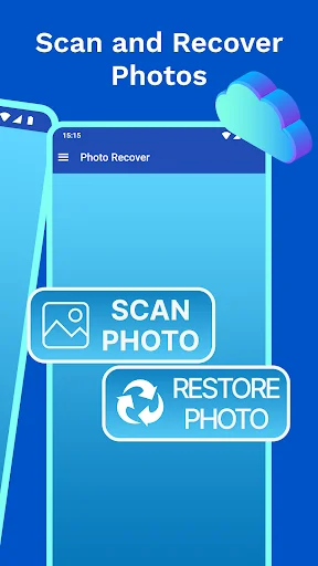 Photo recovery app interface with Scan Photo and Restore Photo buttons and Photo Recover menu header