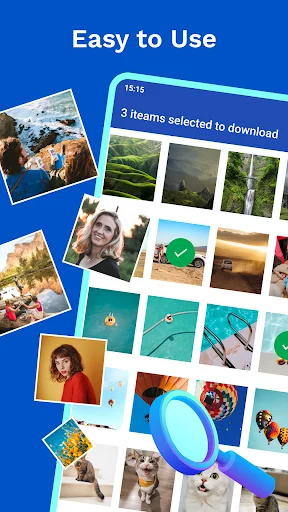 Easy to use photo recovery gallery showing thumbnail grid with selection checkmarks and 3 items selected download