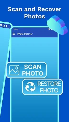 Photo recovery app interface with Scan Photo and Restore Photo buttons and Photo Recover menu header