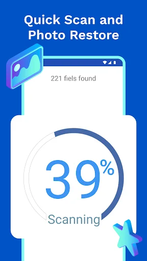 Quick scan photo restore progress screen showing 221 files found with 39 percent scanning completion indicator