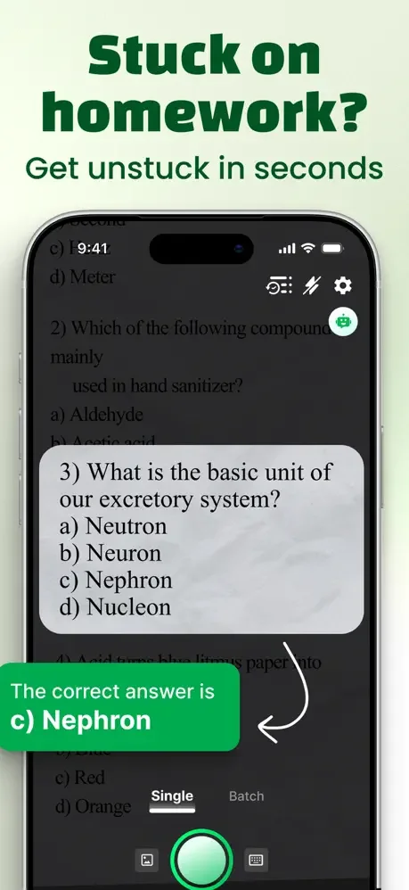 PhotoSolve app showing multiple-choice homework question with AI-generated correct answer highlighted in green banner. Instantly solves problems from photos.