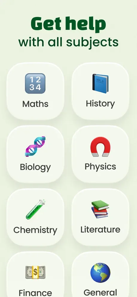 PhotoSolve subject selection grid displaying Maths, History, Biology, Physics, Chemistry, Literature, Finance, and General. Multi-subject homework help support.